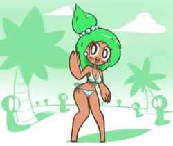 2018 anthro being_watched bikini blush breasts cloud female female_focus female_only flora_fauna green_hair imminent_exposure june_(screwroot) looking_at_viewer navel navel_piercing oc open_mouth open_smile original_character palm_tree pearl_earrings plantie public screwroot shadow smile standing waving