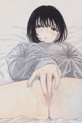 black_hair blush bottomless female female_pubic_hair fingering hand_under_clothes lying masturbation on_back on_bed open_mouth original pubic_hair pussy short_hair solo sweater traditional_media tsuntsuke