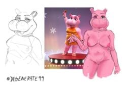 absurd_res breasts continente degener4te female genitals hi_res hippopotamid looking_at_viewer mammal navel nude one_eye_closed overweight pink_body popota pussy signature sketch solo thick_thighs tongue tongue_out wink