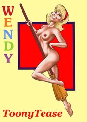 aged_up blonde_hair broom_riding broomstick casper_the_friendly_ghost character_name dreamworks female grin harvey_comics headband medium_breasts nude solo toonytease universal_studios wendy_(harvey_comics) wendy_the_good_little_witch witch