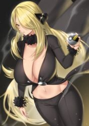 1girls absurd_res alternate_breast_size anima_(togashi) black_nails black_pants black_shirt blonde_hair breasts cleavage closed_mouth clothing curvaceous curves cynthia_(pokemon) eyelashes female floating_hair fur-trimmed_sleeves fur_collar fur_trim grey_eyes hair_ornament hair_over_one_eye hand_up hi_res holding holding_object large_breasts lips long_hair long_sleeves looking_to_the_side nail_polish nintendo pants poke_ball pokemon pokemon_dppt shirt smoke solo thighs ultra_ball very_long_hair wide_hips