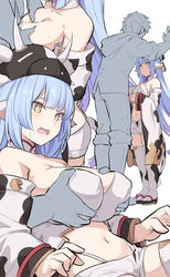 1boy animal_ears animal_print bare_shoulders blue_hair breast_grab breasts catura_(granblue_fantasy) cow_ears cow_hat cow_print detached_sleeves draph female grabbing grabbing_from_behind gran_(granblue_fantasy) granblue_fantasy height_difference large_breasts long_hair multiple_views navel open_mouth paizuri shiseki_hirame shorts simple_background standing straight tabi thighhighs white_background white_shorts yellow_eyes