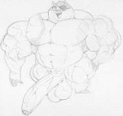 2021 5_fingers abs anthro badger badgerclops balls big_penis cartoon_network cybernetics cyborg eye_patch eyewear fingers foreskin genitals huge_cock machine male mammal mao_mao:_heroes_of_pure_heart monochrome muscular muscular_male mustelid musteline open_mouth open_smile penis sbshouseofpancakes smile solo standing tongue traditional_media_(artwork) vein veiny_penis whiskers