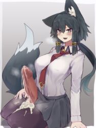 1futa :d after_ejaculation animal_ears animal_genitalia big_breasts big_penis blush breasts censored clothed clothing cum cum_on_clothes cum_on_lower_body cum_on_upper_body erection erection_under_skirt fox_ears fox_girl fox_tail futa_only futanari hair_between_eyes hair_tubes highres horny huge_cock humanoid kemonomimi large_breasts light-skinned_futanari light_skin long_hair long_sleeves mosaic_censoring mostly_clothed necktie oerba_yun_fang original pale_skin pantyhose penis pleated_skirt ponytail red_necktie shirt sidelocks sitting skirt smile solo symbol-only_commentary tail white_shirt yonaga