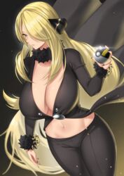 1girls absurd_res alternate_breast_size anima_(togashi) black_nails black_pants black_shirt blonde_hair breasts cleavage closed_mouth clothing curvaceous curves cynthia_(pokemon) eyelashes female floating_hair fur-trimmed_sleeves fur_collar fur_trim grey_eyes hair_ornament hair_over_one_eye hand_up hi_res holding holding_object large_breasts lips long_hair long_sleeves looking_to_the_side nail_polish nintendo pants poke_ball pokemon pokemon_dppt shirt solo thighs ultra_ball very_long_hair wide_hips