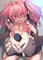 1boy 1girls azur_lane big_breasts bra breasts bremerton_(azur_lane) cum cum_between_breasts cum_on_breasts dark-skinned_male dark_skin disembodied_penis eagle_union_(azur_lane) ejaculation ejaculation_between_breasts female huge_breasts large_breasts light-skinned_female light_skin nipple_bulge paizuri paizuri_under_clothes pink_eyes pink_hair thick_thighs thighs twintails yonekura_mochi