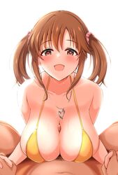 1boy :d absurdres breasts brown_eyes brown_hair eyebrows_visible_through_hair female hair_ornament hair_scrunchie heart heart-shaped_pupils heart_necklace highres holding_hands huge_breasts idolmaster idolmaster_cinderella_girls interlocked_fingers long_hair looking_at_viewer paizuri penis pink_scrunchie raindrop746079 scrunchie simple_background smile straight symbol-shaped_pupils totoki_airi twintails white_background