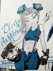 1girls belly_button blue_pants blue_shirt drawing eloise_riffler female foot_2_rue football football_(ball) fully_clothed futbol_callejero gloves rnrnrnsex sfw straps street street_football tank_top thedartdave thong
sexo