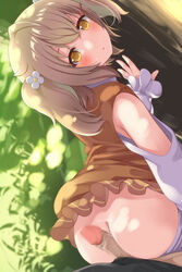 1boy animare ass bangs blush brown_hair censored detached_sleeves erection female flower hair_flower hair_ornament hairclip highres imminent_penetration inaba_haneru_(animare) looking_at_viewer mosaic_censoring nanashi_inc. outdoors penis penis_on_ass pov shirai_momota shirt skirt sleeveless sleeveless_shirt solo_focus straight twintails virtual_youtuber yellow_eyes