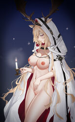 animal_ears anming antlers antlers_through_headwear arknights bangs belt blonde_hair blue_background blue_eyes breasts candle candlestand cloak cowboy_shot deer_antlers deer_ears female highres holding hood hood_up hooded_cloak inverted_nipples large_breasts long_hair looking_at_viewer naked_cloak navel nude profile purple_eyes pussy smile solo standing very_long_hair viviana_(arknights)