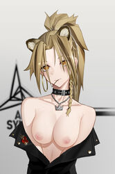 absurdres alternate_hairstyle animal_ear_fluff animal_ears anming arknights background_text bangs bare_shoulders belt_collar black_jacket blonde_hair braid breasts breasts_out choker closed_mouth collar collarbone female grey_background high_ponytail highres hoop_earrings jacket jewelry lion_ears long_hair looking_at_viewer medium_breasts mouth_hold necklace nipples no_bra off_shoulder open_clothes open_jacket orange_eyes parted_bangs ponytail side_braid siege_(arknights) smile solo upper_body