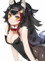 animal_ear_fluff animal_ears bangs bare_shoulders black_hair black_legwear black_leotard blush bow breasts bunnysuit closed_mouth covered_navel covered_nipples detached_collar female hair_ornament hairclip highres hololive hololive_gamers hololive_japan kemonomimi leotard leotard_pull long_hair medium_breasts multicolored_hair nanashi_(nlo74593630) nipples ookami_mio panties pantyshot ponytail red_bow red_hair smile solo streaked_hair thighhighs underwear very_long_hair virtual_youtuber white_background wolf_ears wolf_girl wrist_cuffs yellow_eyes