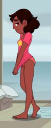 1girls 2021 barefoot braless cartoon_network connie_maheswaran dark-skinned_female dark_skin earrings female hair_ornament half-closed_eyes indian_female lace_trim looking_at_viewer panties poland_(artist) pulling_clothing shirt side_view small_breasts smile steven_universe underwear