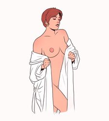 1girls areolae breasts brown_hair earrings freckles makeup medium_breasts numitor open_clothes open_robe parted_lips robe short_hair simple_background solo very_short_hair white_background white_robe