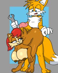 absurd_res anthro archie_comics ass big_breasts big_butt big_penis blue_eyes breasts brown_body brown_fur butt_press butt_squish canid canine chipmunk clothing dezmine21 digital_media_(artwork) duo erection female fox fur genitals ground_squirrel hair handwear hi_res holding_object hot_dogging huge_breasts huge_butt huge_cock looking_back male male/female mammal nipples nude open_mouth penis red_hair rodent sally_acorn sciurid sega simple_background smile sonic_(series) sonic_the_hedgehog_(archie) sonic_the_hedgehog_(comics) sonic_the_hedgehog_(series) squish standing tails thick_thighs video_games wide_hips worried