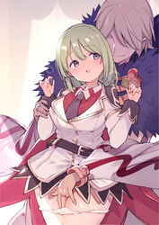 1boy bangle bangs belt black_belt black_necktie black_neckwear blazer blue_eyes blush bracelet breasts cape collared_shirt commentary_request cowboy_shot detached_sleeves epaulettes eyebrows_visible_through_hair faceless faceless_male female fingering fur_collar genetic_(ragnarok_online) green_hair highres holding_another's_wrist jacket jewelry large_breasts light_brown_hair looking_at_another looking_back medium_hair miya9 necktie official_alternate_costume open_mouth panties panty_pull ragnarok_online red_cape red_shirt reward_available shirt short_hair sorcerer_(ragnarok_online) straight underwear white_jacket white_panties white_sleeves