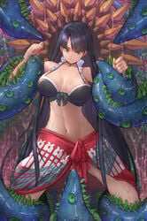 blue_eyes cero320 fate/grand_order fate_(series) female highres hime_cut imminent_penetration imminent_rape imminent_sex interspecies looking_down monster restrained saint_martha saint_martha_(swimsuit_ruler) skirt slime_(substance) solo suction_cups tentacle tentacles_under_clothes