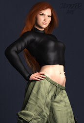 1girls 3d abs aged_up disney disney_channel female female_only fit green_eyes jaxxxer kim_possible kimberly_ann_possible loose_clothes midriff realistic red_hair skin_tight small_breasts smile solo