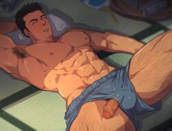 1boy abs armpit_hair armpits bara blue_male_underwear blush boxers bulge censored clothing_aside dark-skinned_male dark_skin feet_out_of_frame foreskin funa_(artist) highres large_pectorals leg_hair long_sideburns lying male_focus male_only male_pubic_hair male_underwear male_underwear_aside mosaic_censoring muscular muscular_male navel navel_hair nipples on_back original pectorals penis penis_peek pillow pubic_hair pubic_hair_peek short_hair sideburns sleeping solo stomach sweatdrop thick_thighs thighs topless_male underwear underwear_only