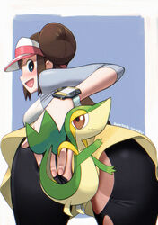 :d bangs bent_over black_legwear blue_eyes blush breasts brown_hair censored commentary_request female legwear_under_shorts long_hair looking_at_viewer looking_back novelty_censor open_mouth pantyhose pokemon pokemon_(game) pokemon_(species) pokemon_bw2 raglan_sleeves rosa_(pokemon) ryuntack shirt short_shorts shorts smile snivy torn_clothes torn_legwear visor_cap yellow_shorts