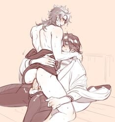 2boys anal anal_penetration anal_sex ass clothed clothed_sex clothing erect_penis erection muscular mutsunokami_yoshiyuki nagasone_kotetsu natural_virtue penis penis_out sex sketch sweat touken_ranbu yaoi