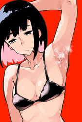 :/ armpits bangs bare_shoulders bikini bikini_top black_bikini black_eyes black_hair breasts bright_pupils cleavage closed_mouth collarbone colored_inner_hair commentary cum cum_on_armpits cum_on_body eyebrows_visible_through_hair female medium_breasts midriff multicolored_hair original pink_hair presenting_armpit red_background short_hair simple_background solo swimsuit two-tone_hair upper_body white_pupils youhei_64d