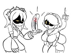 2girls :o breasts clothed dildo disassembly_drone duo female female_only gasp ghastlypann glitch_productions j_(murder_drones) mob_face monochrome murder_drones robot robot_girl sketch smile tailwag tie twintails v_(murder_drones) wagging_tail