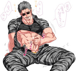 1boy abs bara bare_pectorals belt black_shirt camouflage camouflage_jacket camouflage_pants castella clothes_lift covered_nipples erection facial_hair grey_hair jacket large_pectorals male_focus male_masturbation male_only male_underwear male_underwear_peek masturbation muscular muscular_male nipples official_alternate_costume open_belt open_clothes open_fly open_jacket open_mouth open_pants pants pectorals penis resident_evil shirt shirt_lift short_hair sitting solo sunglasses translation_request underwear unzipped white_background yellow_male_underwear zipper zipper_pull_tab