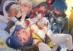 1boy 3girls all_fours amber_(genshin_impact) areolae bandaid bandaid_on_knee bedroom black_gloves blonde_hair blue_hair blush braid breasts breasts_out brown_hair china_dress chinese_clothes choker clenched_teeth closed_eyes clothed_sex covering_mouth cum cum_in_pussy dress ejaculation female fingerless_gloves frilled_sleeves frills genshin_impact gloves goggles group_sex guoba_(genshin_impact) hair_ornament hairband hairclip heavy_blush highres human indoors jacket japanese_clothes kimono light-skinned_female light-skinned_male light_skin london_delly_&_burry long_sleeves lying male multiple_girls nipples on_back on_bed one_breast_out open_mouth overflow panties pink_panties pleasure_face sarashi screaming sex sharing_bed sheet_grab short_hair small_breasts spread_legs straight striped striped_panties surprised_expression sweat tattoo teeth thighhighs tied_hair twin_braids underwear vaginal_penetration watching window xiangling_(genshin_impact) xingqiu_(genshin_impact) yellow_panties yoimiya_(genshin_impact)