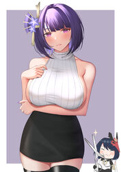 2girls absurdres arm_under_breasts bangs black_legwear black_skirt blush breasts casual chibi genshin_impact hair_ornament hand_on_breast highres hips huge_breasts jumper kujou_sara kul_(ngsensei) large_breasts looking_at_viewer mole mole_under_eye purple_background purple_eyes purple_hair raiden_shogun short_hair shoulders sideboob simple_background skirt small_waist thick_thighs thighhighs thighs waist wide_hips