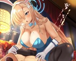 1boy :o animal_ears araimooah asuna_(blue_archive) asuna_(bunny)_(blue_archive) bangs black_legwear blue_archive blue_eyes blue_leotard blush bow bowtie breasts cleavage cowgirl_position cum detached_collar elbow_gloves fake_animal_ears female gloves hair_over_one_eye hairband indoors large_breasts leotard light_brown_hair long_hair looking_at_another male millennium_science_school_student mole mole_on_breast nipple_tweak pantyhose parted_lips playboy_bunny sadism sideboob solo_focus straight white_gloves white_hairband