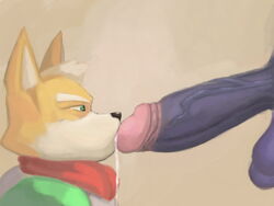 4:3 anthro balls big_penis bodily_fluids disembodied_penis duo falco_lombardi fox_mccloud genital_fluids genitals huge_cock jojobizad male male/male male_only nintendo oral penis precum star_fox video_games