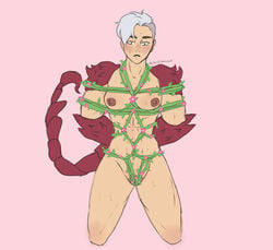 bondage bound breasts consensual_bondage female_only femsub flowers heidibiersack nipples nude_female pubic_hair restrained rope_bondage scorpia_(she-ra) scorpion_tail she-ra_and_the_princesses_of_power solo solo_female vines white_hair willing_sub