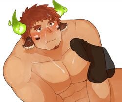 2boys :q abs animal_ears bara blush brown_eyes brown_hair completely_nude cow_boy cow_ears cow_horns cum cum_on_body cum_on_boy cum_on_pectorals dark_skin erection facial facial_hair feet_out_of_frame fiery_horns forked_eyebrows from_above goatee highres horns invisible_penis large_pectorals licking licking_cum male_focus multiple_boys muscular muscular_male nude pectoral_press pectorals penis short_hair solo_focus spiked_hair thick_eyebrows tokyo_afterschool_summoners tongue tongue_out tsuk8454 wakan_tanka yaoi