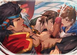 3boys bara black_hair blush boner cain_(granblue_fantasy) cum draph ejaculation erection eyepatch fellatio gran_(granblue_fantasy) granblue_fantasy group_sex highres horns licking licking_penis long_sideburns male_focus male_only male_pubic_hair mmm_threesome multiple_boys muscular muscular_male navel_hair oa_reeeere oral pectoral_cleavage pectorals penis pubic_hair reinhardtzar rereezhang short_hair sideburns sweat testicle_sucking threesome uncensored yaoi