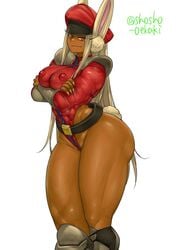 1girls breasts bunny_ears bunny_tail cosplay crossover_cosplay eye_contact hat long_ears looking_at_viewer m_bison_(cosplay) miruko muscular_female my_hero_academia nipple_bulge red_eyes rumi_usagiyama shosho_oekaki solo standing street_fighter thick_thighs thighs white_hair wide_hips