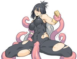 black_hair bodysuit bound bound_legs bound_wrists breasts commentary_request covered_navel dyun feet_out_of_frame female femsub gloves hair_between_eyes large_breasts mole mole_under_mouth muscular_female muscular_sub my_hero_academia nana_shimura penis_tentacles simple_background solo spread_legs sweat tentacle toned torn_clothes white_background