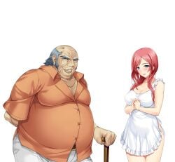 1boy 1girls 2d 2d_(artwork) alice_soft apron arima_shiori belt_buckle big_breasts blue_eyes cane cg couple couple_love duo fat_man father-in-law_and_daughter-in-law hands_behind_back hands_together heartful_maman highres kinosaki_juuzo lips lipstick looking_at_viewer milf mother necklace old_man onigirikun orange_shirt photoshop red_hair smile standing tagme thick_thighs thighs transparent_background ugly_bastard ugly_man white_pants