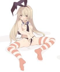 anus_peek blonde_hair blush breast_grab breasts cum cum_on_body facial female grabbing headgear highres kantai_collection necktie nipples on_floor open_mouth partially_visible_vulva pussy shimakaze_(kantai_collection) small_breasts solo spread_legs spread_pussy striped striped_legwear suwakana thong white_background