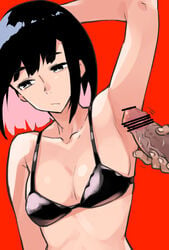 1boy :/ armpit_sex armpits bangs bare_shoulders bikini black_bikini black_eyes black_hair breasts bright_pupils censored cleavage closed_mouth collarbone colored_inner_hair commentary eyebrows_visible_through_hair female medium_breasts midriff multicolored_hair original penis pink_hair pointless_censoring presenting_armpit red_background short_hair simple_background solo_focus straight swimsuit two-tone_hair upper_body veins veiny_penis white_pupils youhei_64d