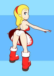 alternate_breast_size alternate_costume amy_rose_(cosplay) blonde_hair cameltoe dress from_behind happy headband maria_robotnik panties red_boots red_dress red_headband sega sideboob smile sonic_(series) sonic_the_hedgehog_(series) supersegasonicss tail white_panties yellow_tail