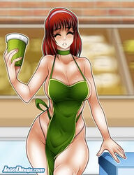 1girls apron_only big_breasts blush breasts closed_eyes coffee coffee_cup coffee_shop counter female female_focus female_only green_apron green_choker headband iced_latte_with_breast_milk jago_dibuja light-skinned_female living_with_hipstergirl_and_gamergirl meme nude nude_female pale-skinned_female red_hair solo solo_female solo_focus sonia_(living_with_hipstergirl_and_gamergirl) thighs watermark