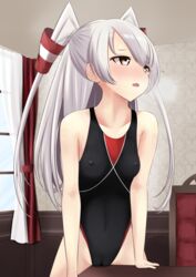 absurdres amatsukaze_(kantai_collection) black_swimsuit breasts breath brown_eyes cameltoe collarbone competition_swimsuit covered_nipples cowboy_shot crotch_rub female hair_tubes highres indoors kantai_collection long_hair nokonoko one-piece_swimsuit pussy_juice silver_hair small_breasts solo swimsuit table_humping two_side_up window windsock