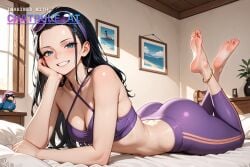 1girl ai_assisted ai_generated anklet bare_shoulders barefeet bedroom black_hair blue_eyes cleavage curvy_body detailed_feet eyes_half_closed eyewear_on_head feet_up grin hair_pulled_back hairband long_hair looking_at_viewer narrow_waist navel nico_robin one_piece petite prone_position purple_bra purple_hairband purple_pants round_ass small_breasts soft_breasts sports_bra sunglasses the_pose tired wide_hips yoga_pants