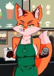 angry angry_face clothed fingers fox fox_ears fox_tail furry hands puppy_(vkontakte) red_fur starbucks_barista two_tone_body two_tone_fur vkontakte