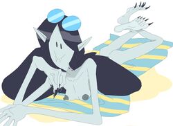 2020s 2021 5_toes adventure_time beach beach_towel breasts cartoon_network casual_nudity dark_nipples fangs feet female hi_res humanoid humanoid_pointy_ears long_nails marceline marceline_abadeer nipples nonsexual_nudity not_furry nude peeppepi seaside soles sunbathing toes towel vampire