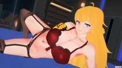 1girls arrancon blonde_female blonde_hair bra half-dressed half_naked half_naked_female long_hair long_hair_female panties pose posing purple_eyes robotic_arm rwby solo_female yang_xiao_long