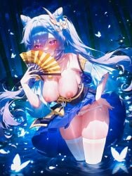 1girl alternate_costume bamboo bamboo_forest bare_shoulders blush braid breasts breasts_out bug butterfly cameltoe choker cleavage clothes_lift clothes_pull collarbone colored_nipples cone_hair_bun cowboy_shot detached_sleeves diamond-shaped_pupils diamond_(shape) double_bun dress floating_hair flower folding_fan forest genshin_impact glowing grin hair_between_eyes hair_bun hair_flower hair_ornament hand_fan hand_on_own_hip hand_up holding holding_fan hoyoverse japanese_clothes keqing_(genshin_impact) kimono lantern large_breasts leaning_forward lifted_by_self long_hair long_sleeves looking_at_viewer ministro nature neck_tassel night nipples off_shoulder orange_skirt outdoors panties panty_pull parted_lips partially_submerged petals pink_eyes pink_hair pleated_skirt pulled_by_self purple_eyes purple_hair red_skirt ripples sash sidelocks skindentation skirt skirt_lift smile solo standing symbol-shaped_pupils thighhighs thighs twintails underwear very_long_hair wading water wet wet_clothes white_flower white_panties white_thighhighs wide_sleeves