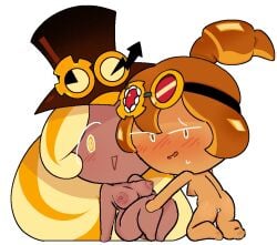 2girls blush breast_size_difference breasts chocolate_and_vanilla cookie_run cookie_run_kingdom cookie_run_ovenbreak croissant_cookie dark-skinned_female goggles goggles_on_head goggles_only hat hat_only laying_down looking_at_viewer looking_back nude_female paws sideboob tagme_(artist) tan_body timekeeper_cookie yuri