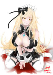 1girls arm_under_breasts artist_name bare_shoulders big_breasts blonde_hair blush breasts chains cleavage dated embarrassed eyebrows eyebrows_visible_through_hair eyelashes fangs female female_focus female_only huge_breasts iknsk kiss-shot_acerola-orion_heart-under-blade large_breasts light-skinned_female light_skin long_hair maid maid_headdress maid_uniform monogatari_(series) navel simple_background solo solo_female solo_focus thighhighs watermark white_background yellow_eyes